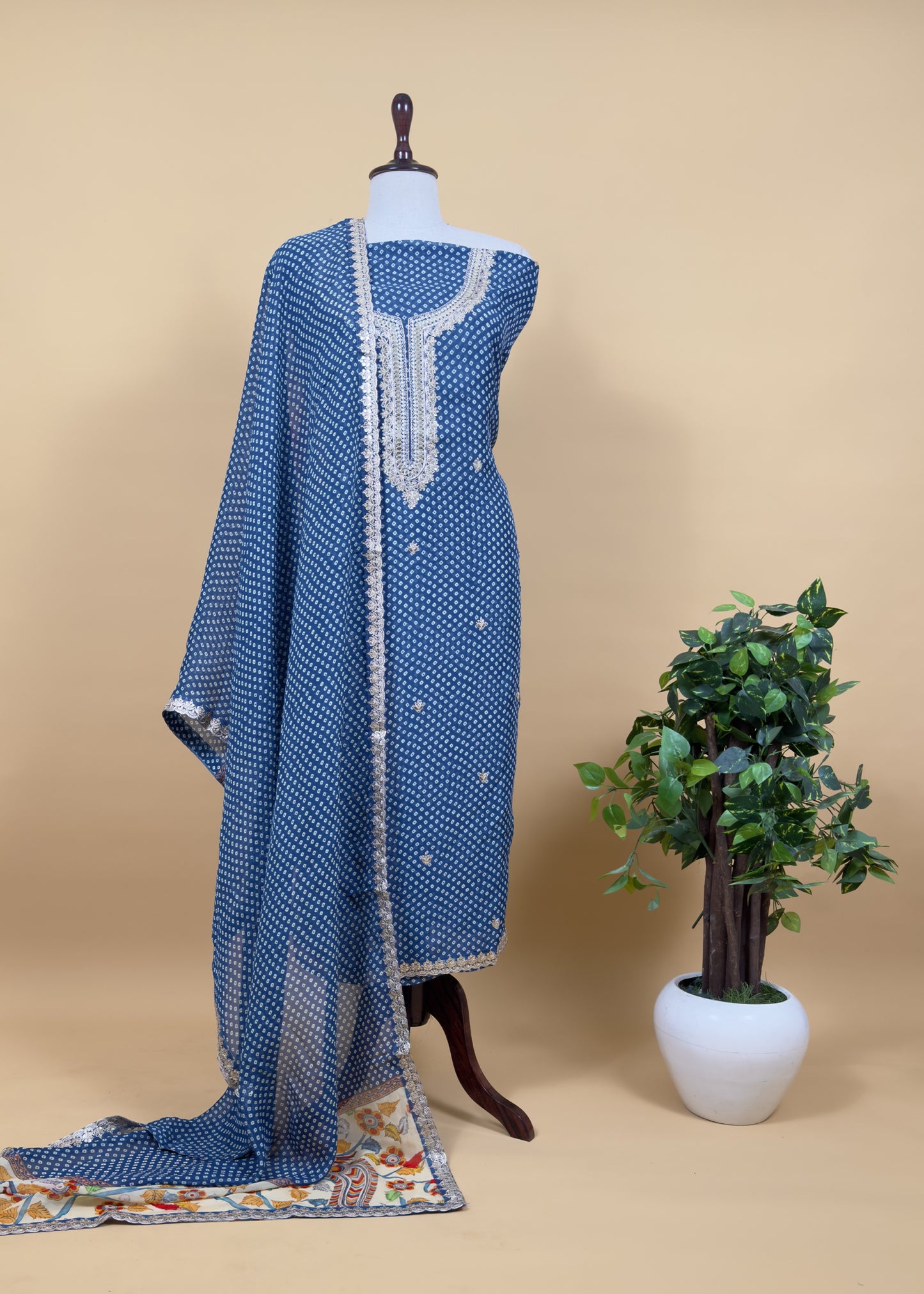 Blue Pure Organza Bandhani Suit With Kalamkari Print And Gota Patti Embroidery