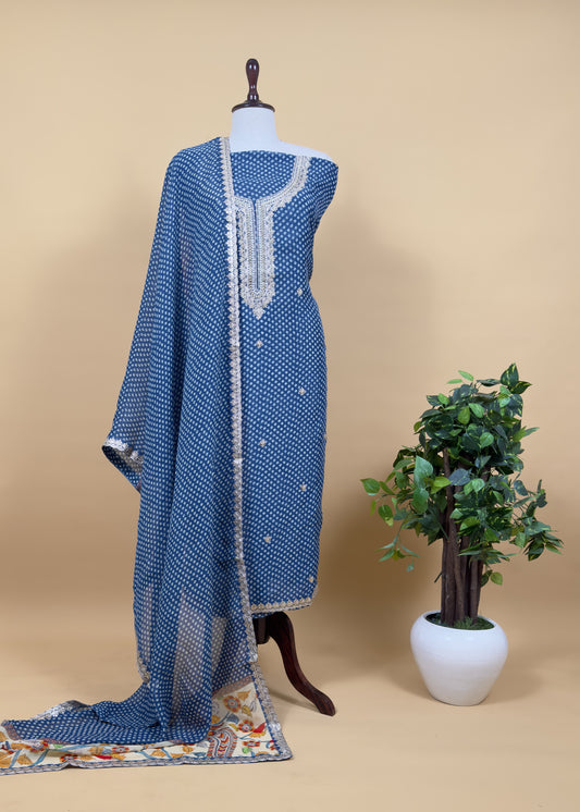 Blue Pure Organza Bandhani Suit With Kalamkari Print And Gota Patti Embroidery