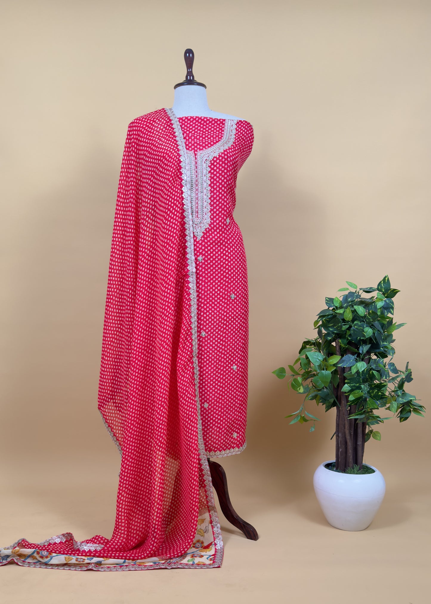 Blue Pure Organza Bandhani Suit With Kalamkari Print And Gota Patti Embroidery
