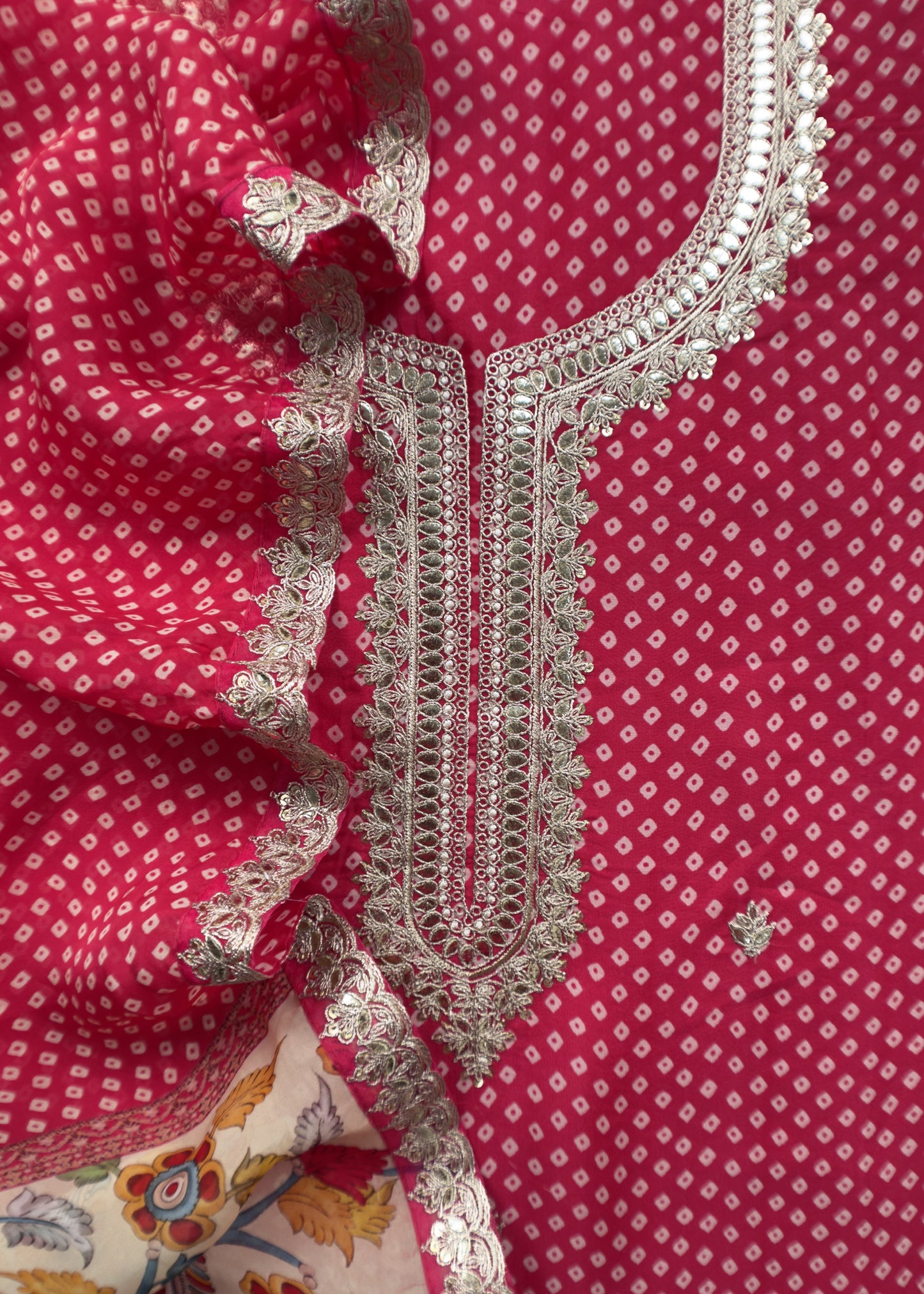 Pinkish Red Pure Chanderi Bandhani Suit With Kalamkari Print And Gota Patti Embroidery