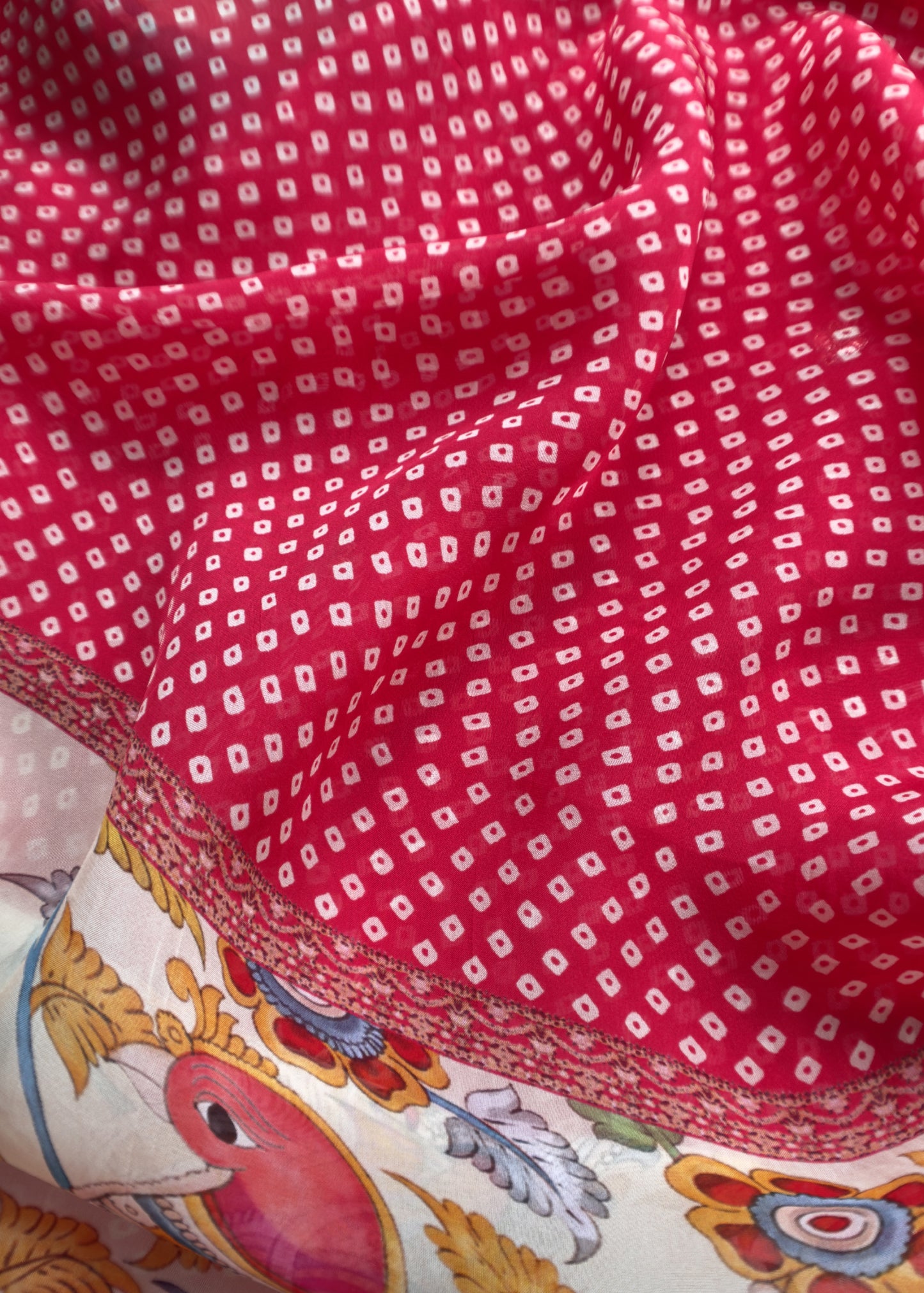 Pinkish Red Pure Chanderi Bandhani Suit With Kalamkari Print And Gota Patti Embroidery