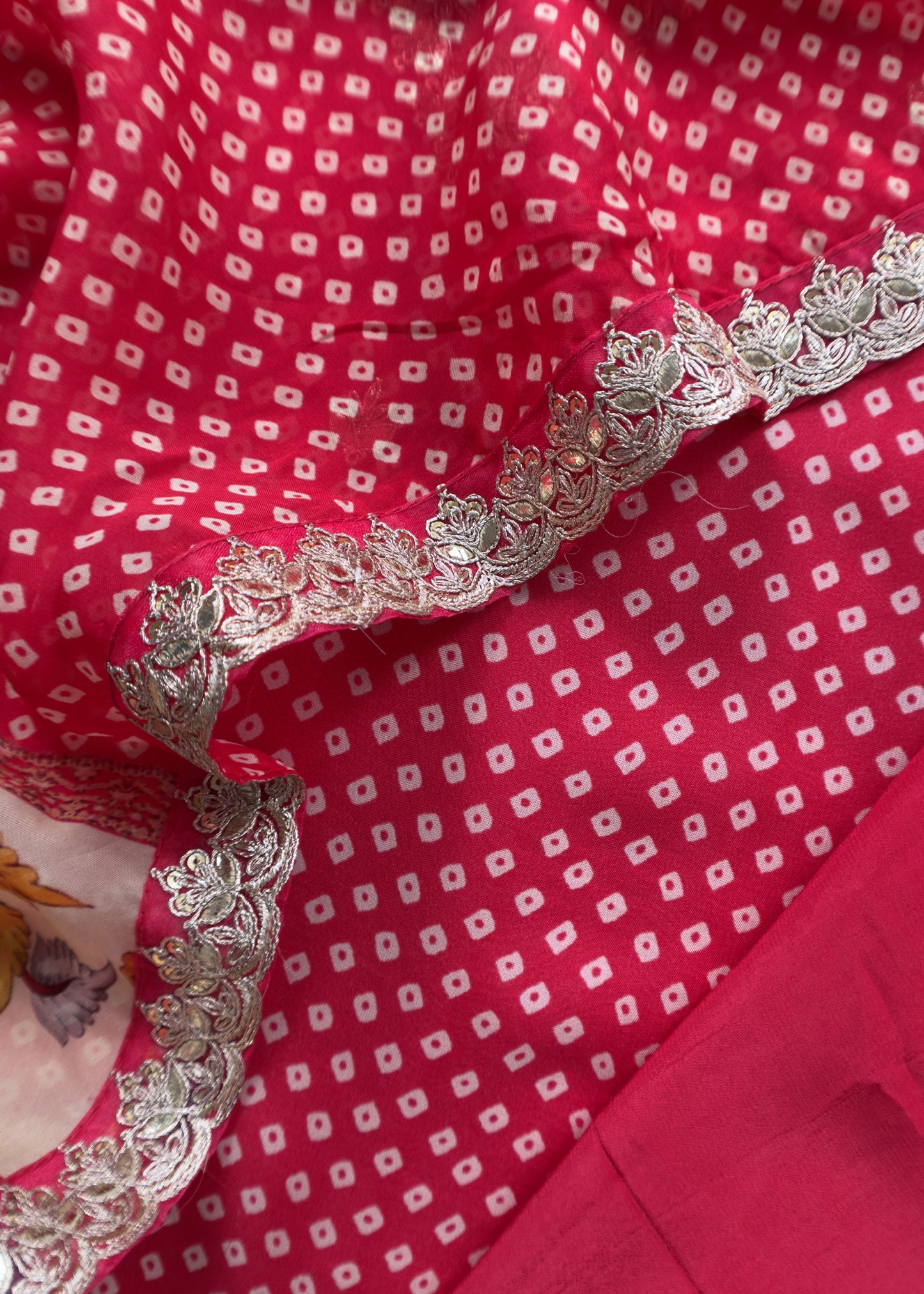 Pinkish Red Pure Chanderi Bandhani Suit With Kalamkari Print And Gota Patti Embroidery