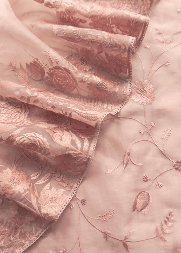 Pastel Pink Pure Handwoven Organza Three-Piece Suit With Parsi Embroidery