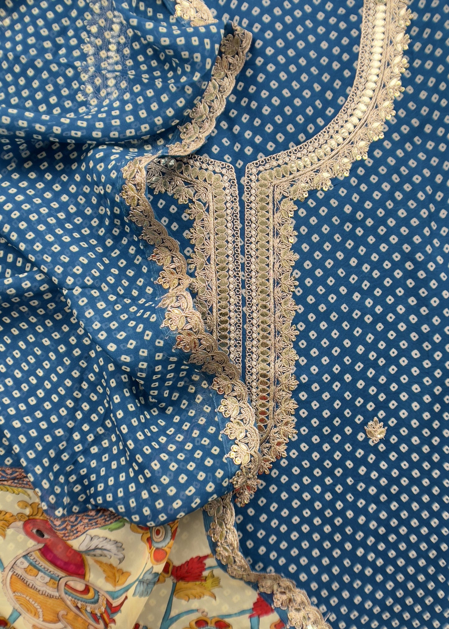 Blue Pure Chanderi Bandhani Suit With Kalamkari Print And Gota Patti Embroidery