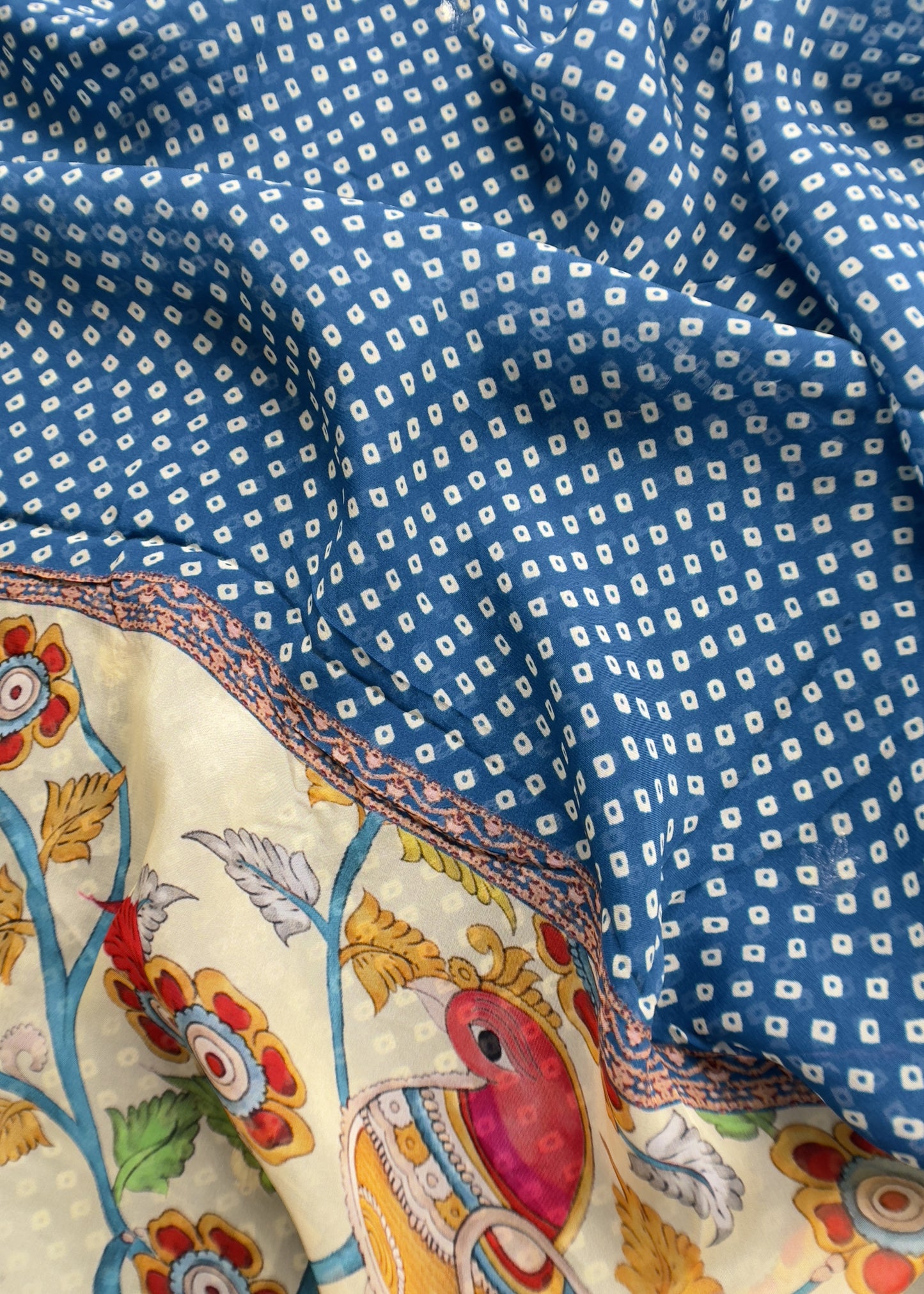 Blue Pure Chanderi Bandhani Suit With Kalamkari Print And Gota Patti Embroidery
