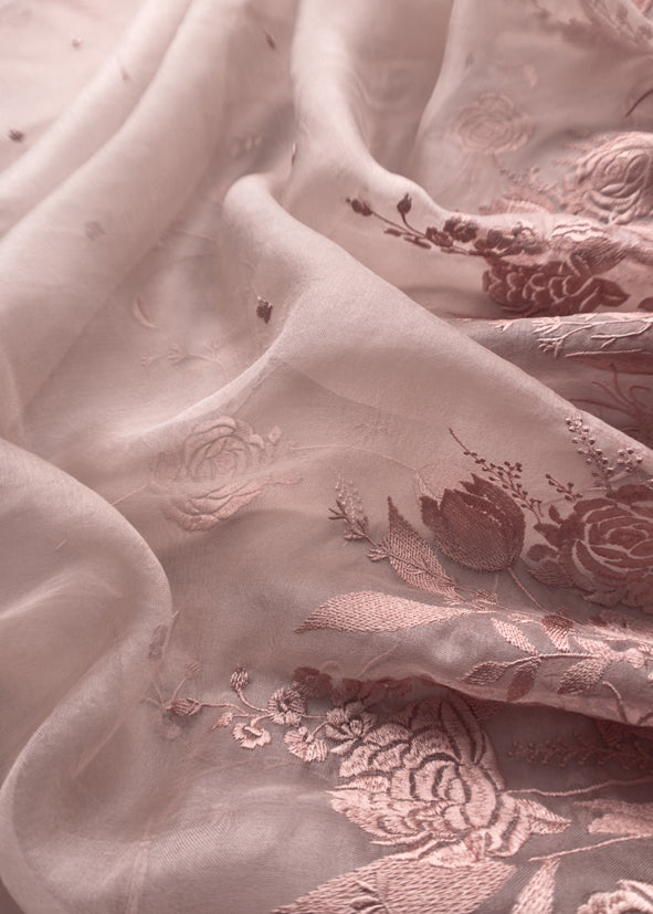 Pastel Pink Pure Handwoven Organza Three-Piece Suit With Parsi Embroidery