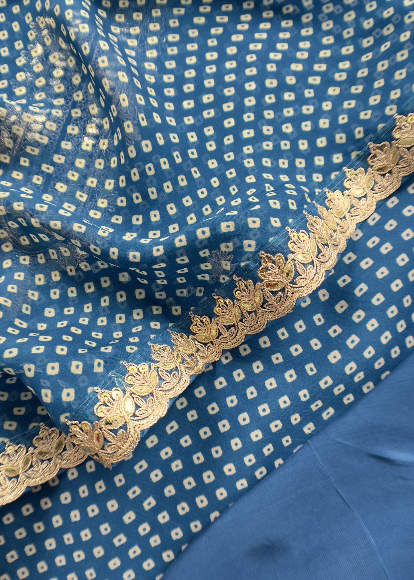 Blue Pure Chanderi Bandhani Suit With Kalamkari Print And Gota Patti Embroidery