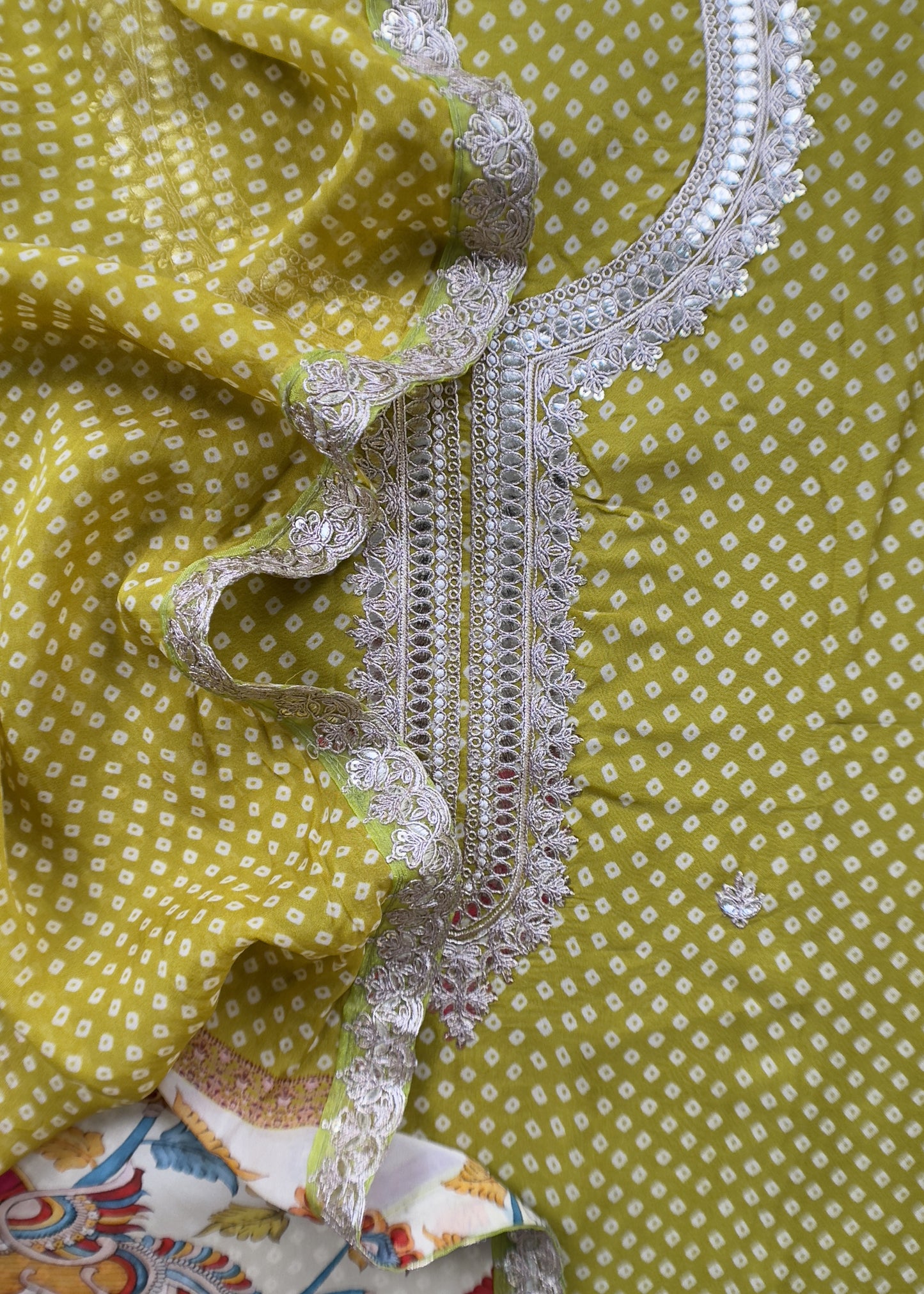 Citrine Yellow Pure Chanderi Bandhani Suit With Kalamkari Print And Gota Patti Embroidery