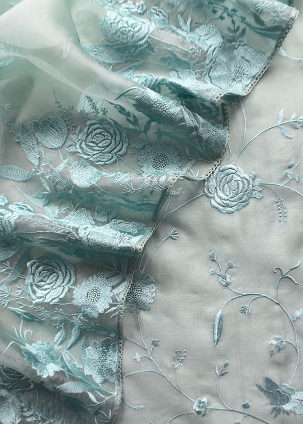 Powder Blue Pure Handwoven Organza Three-Piece Suit With Parsi Embroidery