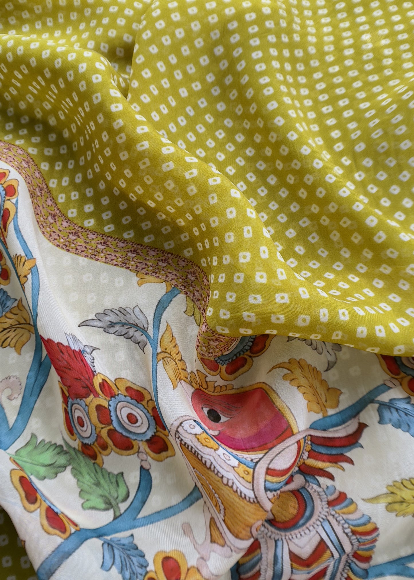 Citrine Yellow Pure Chanderi Bandhani Suit With Kalamkari Print And Gota Patti Embroidery