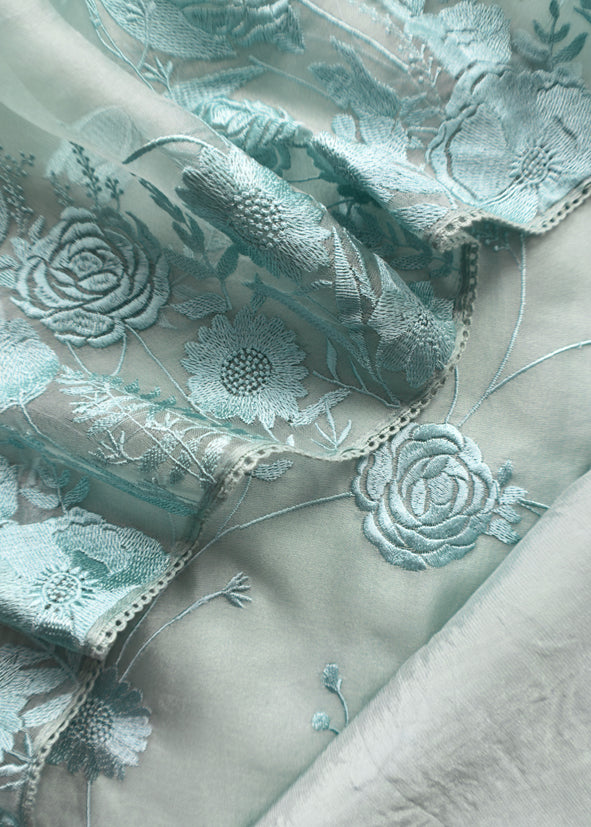 Powder Blue Pure Handwoven Organza Three-Piece Suit With Parsi Embroidery