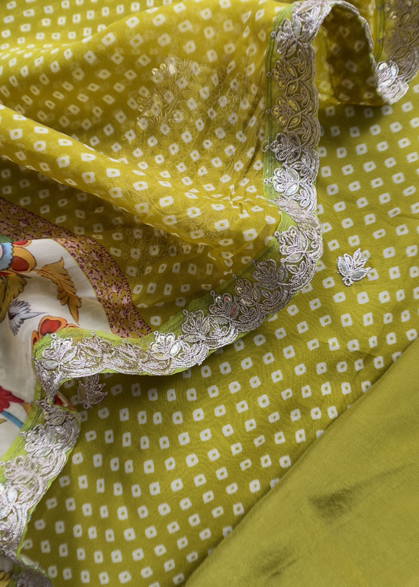 Citrine Yellow Pure Chanderi Bandhani Suit With Kalamkari Print And Gota Patti Embroidery