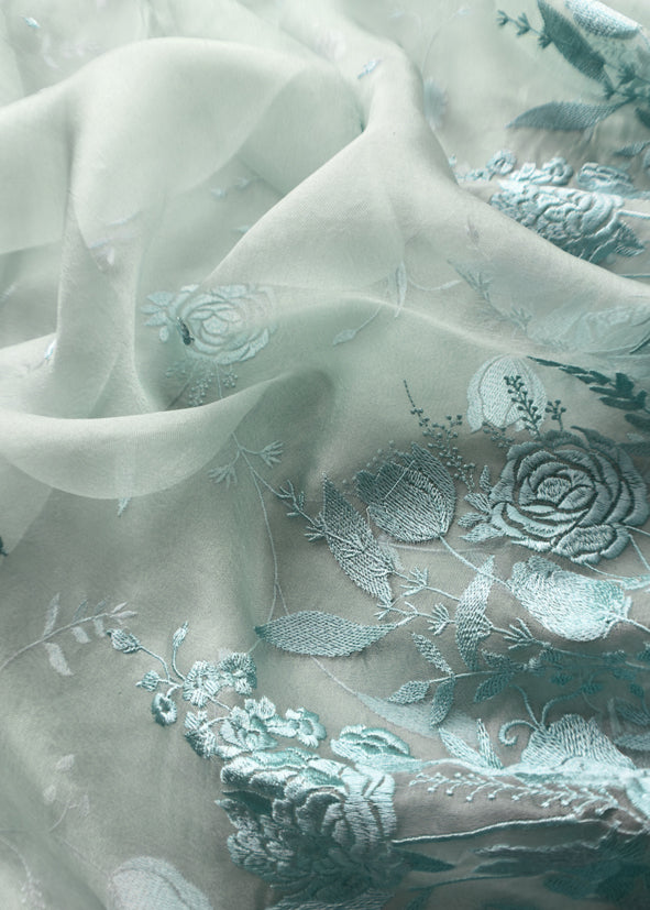 Powder Blue Pure Handwoven Organza Three-Piece Suit With Parsi Embroidery
