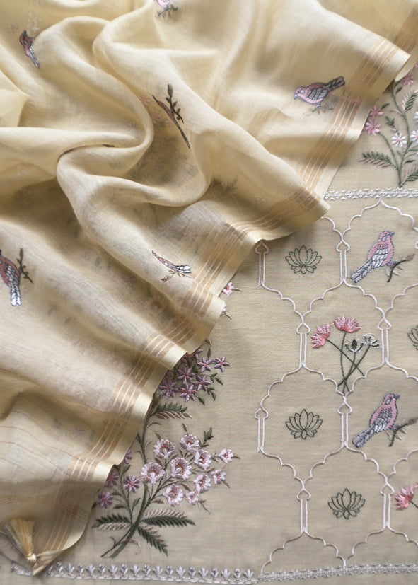 Pure Mulmul Unstitched Suit Fabric With Rajput Jaipuri Resham Embroidery