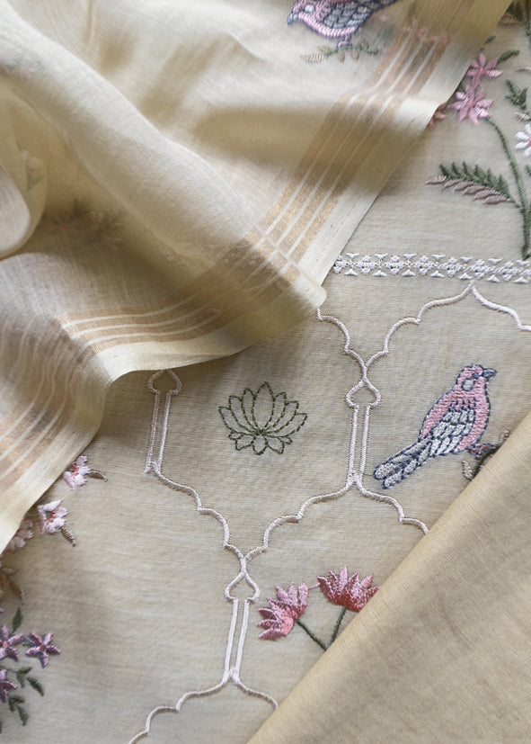 Pure Mulmul Unstitched Suit Fabric With Rajput Jaipuri Resham Embroidery