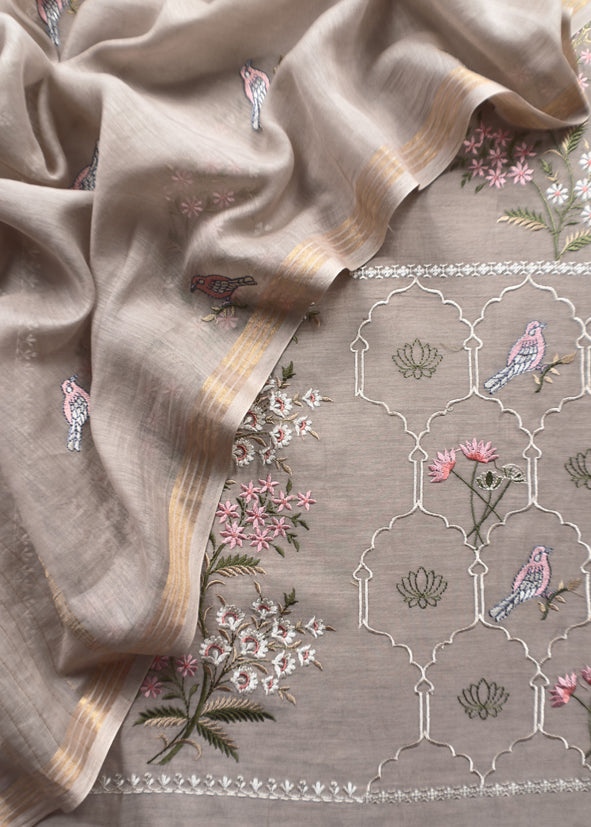 Grey Pure Mulmul Unstitched Suit Fabric With Rajput Jaipuri Resham Embroidery