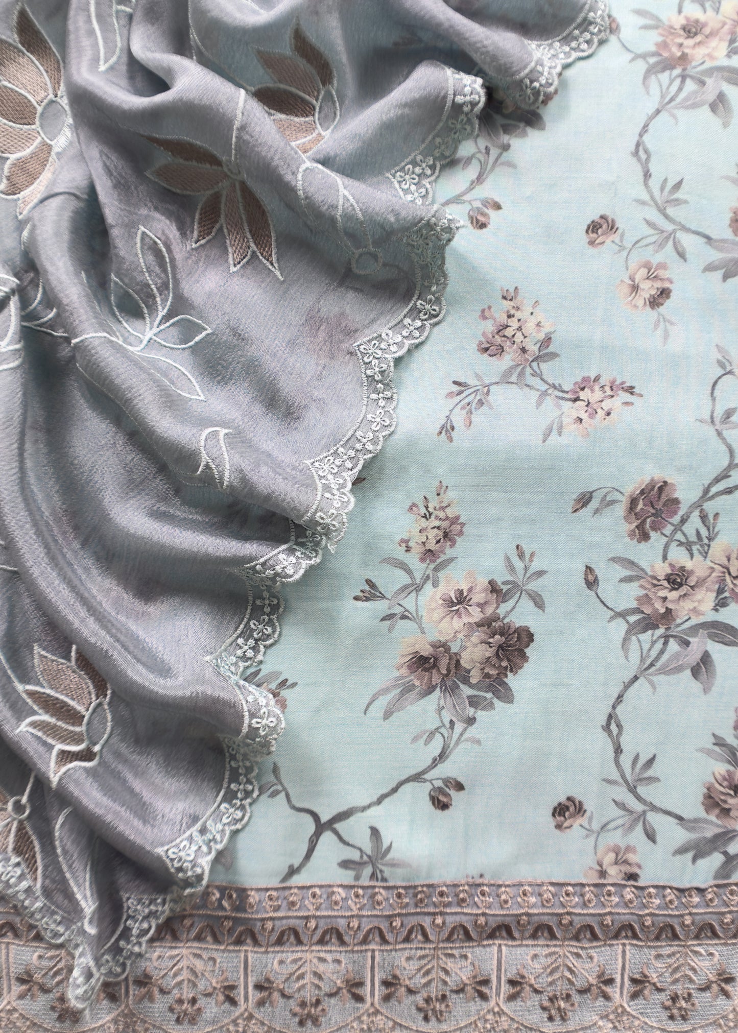 Light Blue Pure Crepe Digital Print Suit Fabric With Resham Embroidery And Lace Work