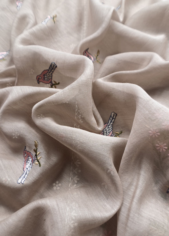 Grey Pure Mulmul Unstitched Suit Fabric With Rajput Jaipuri Resham Embroidery