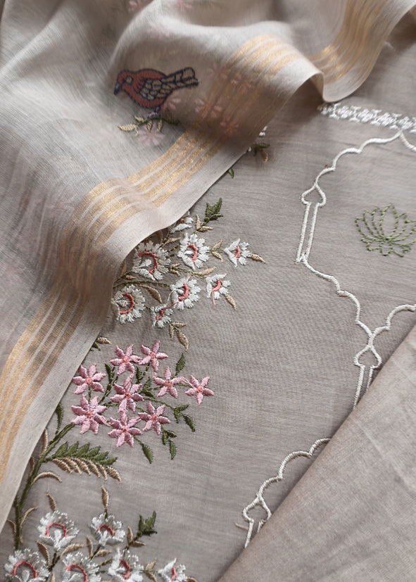 Grey Pure Mulmul Unstitched Suit Fabric With Rajput Jaipuri Resham Embroidery
