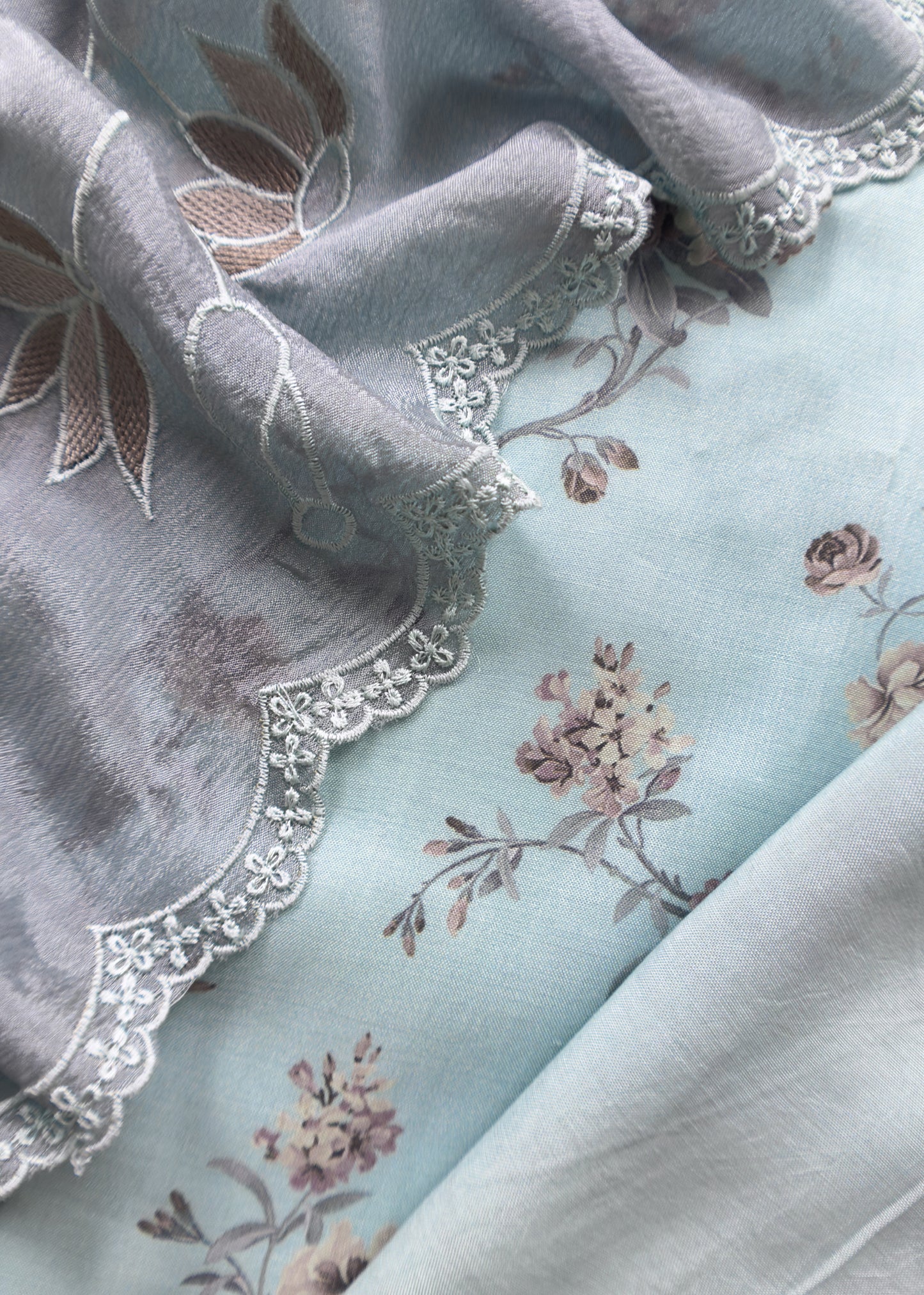 Light Blue Pure Crepe Digital Print Suit Fabric With Resham Embroidery And Lace Work