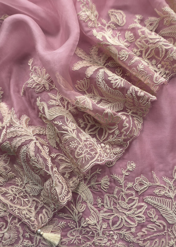 Kalasheel Luxe Lavender Handloom Organza Suit With Garden French Embroidery