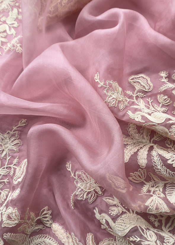 Kalasheel Luxe Lavender Handloom Organza Suit With Garden French Embroidery