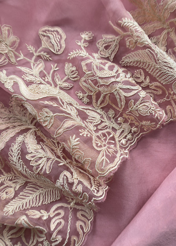 Kalasheel Luxe Lavender Handloom Organza Suit With Garden French Embroidery