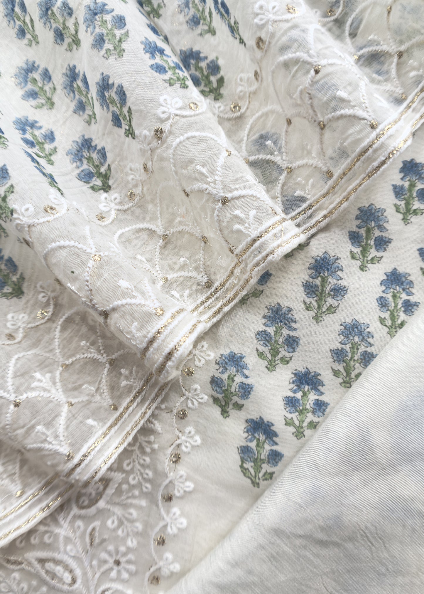 Blue Pure Mul Cotton Hand-block Print Suit With Gold And Resham Embroidery