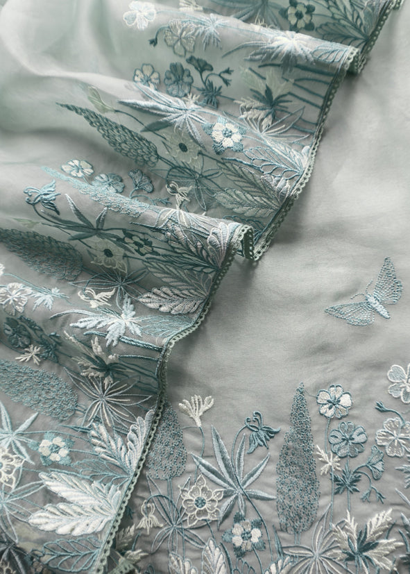 Iceberg Blue Pure Kora Silk Suit With Parsi Embroidery