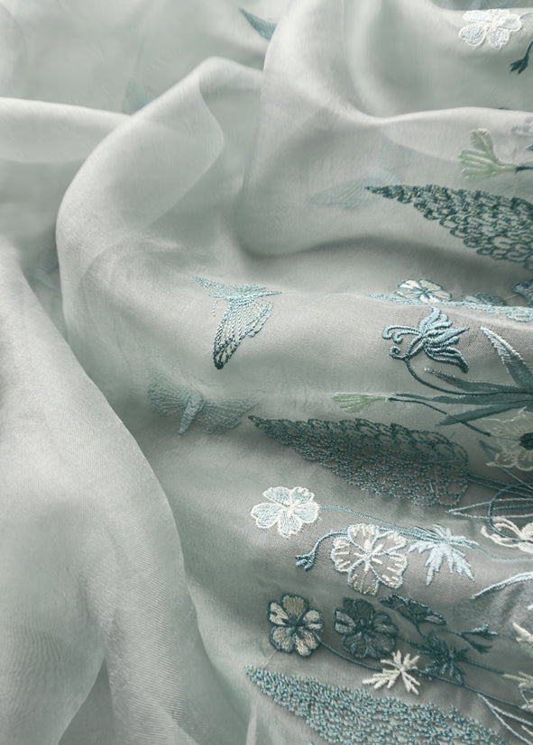 Iceberg Blue Pure Kora Silk Suit With Parsi Embroidery