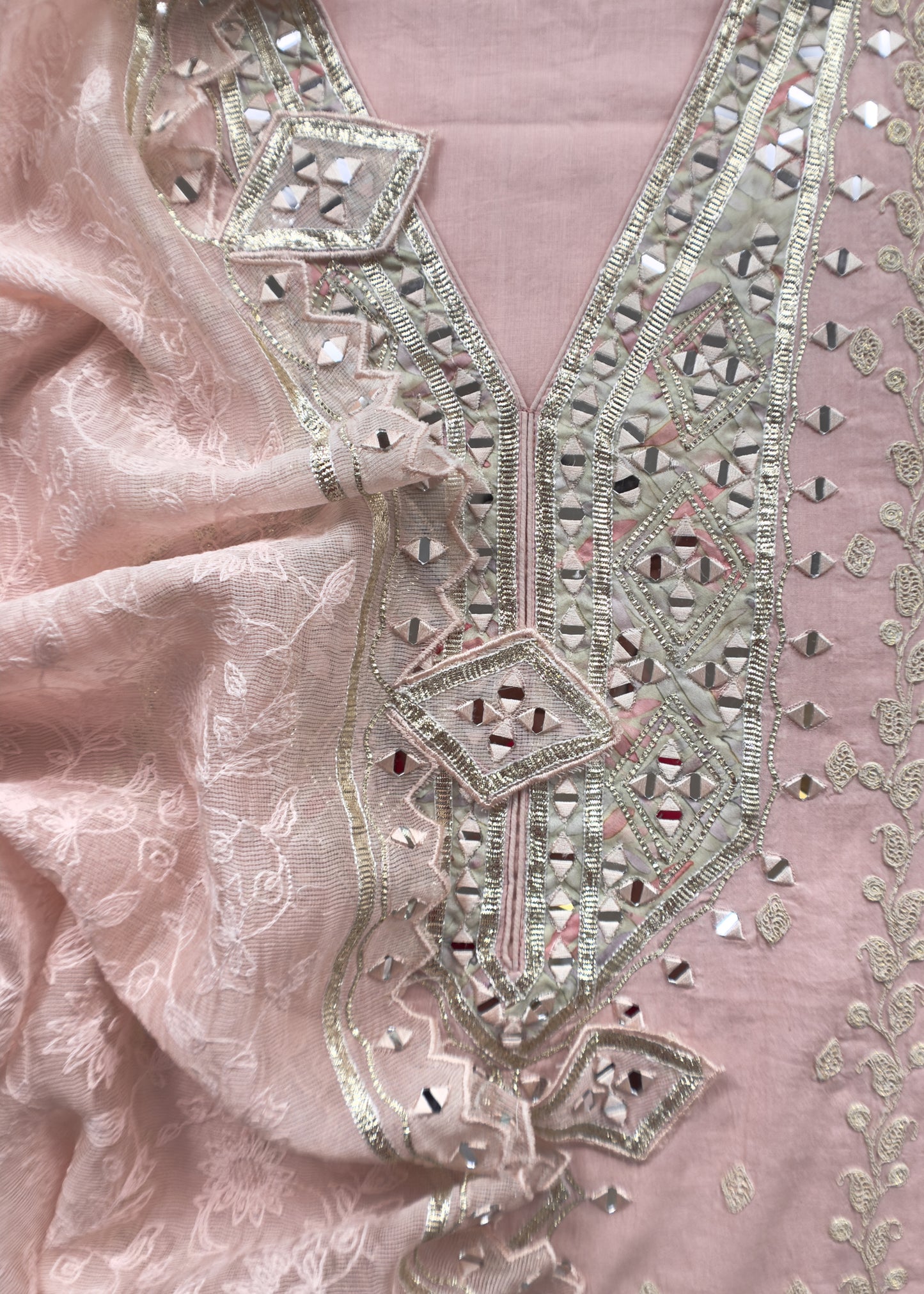 Baby Pink Pure Cotton Suit With Mirrors, Gota Patti And Dori Embroidery