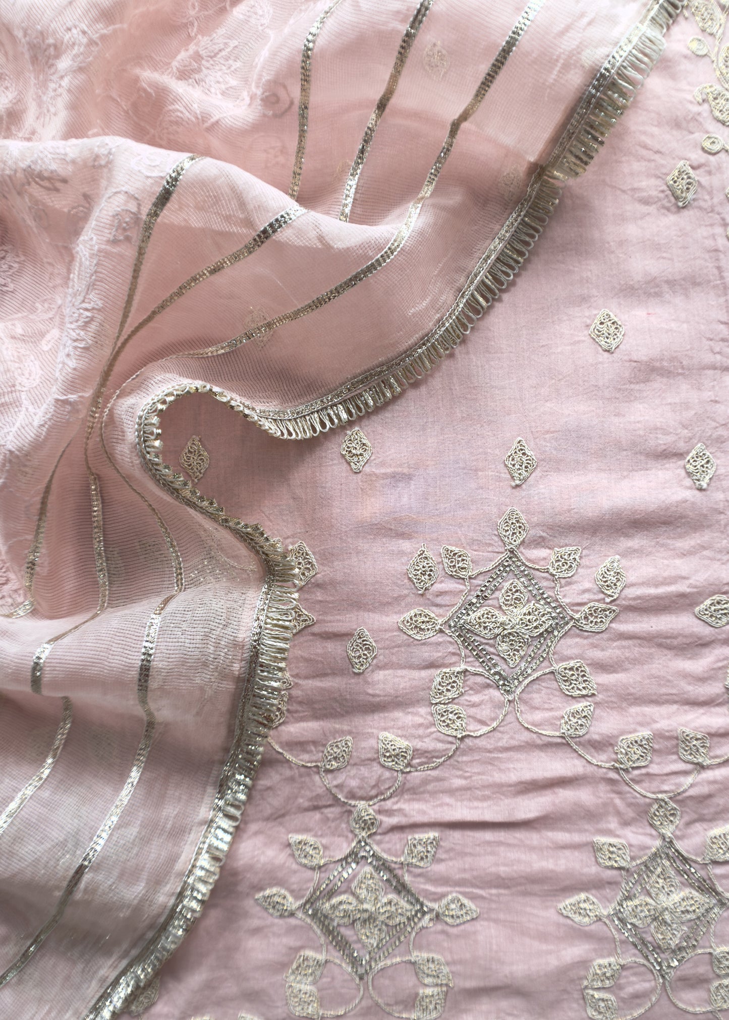 Baby Pink Pure Cotton Suit With Mirrors, Gota Patti And Dori Embroidery