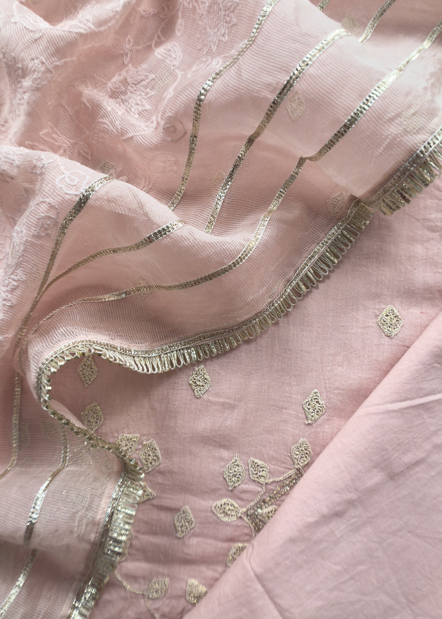 Baby Pink Pure Cotton Suit With Mirrors, Gota Patti And Dori Embroidery