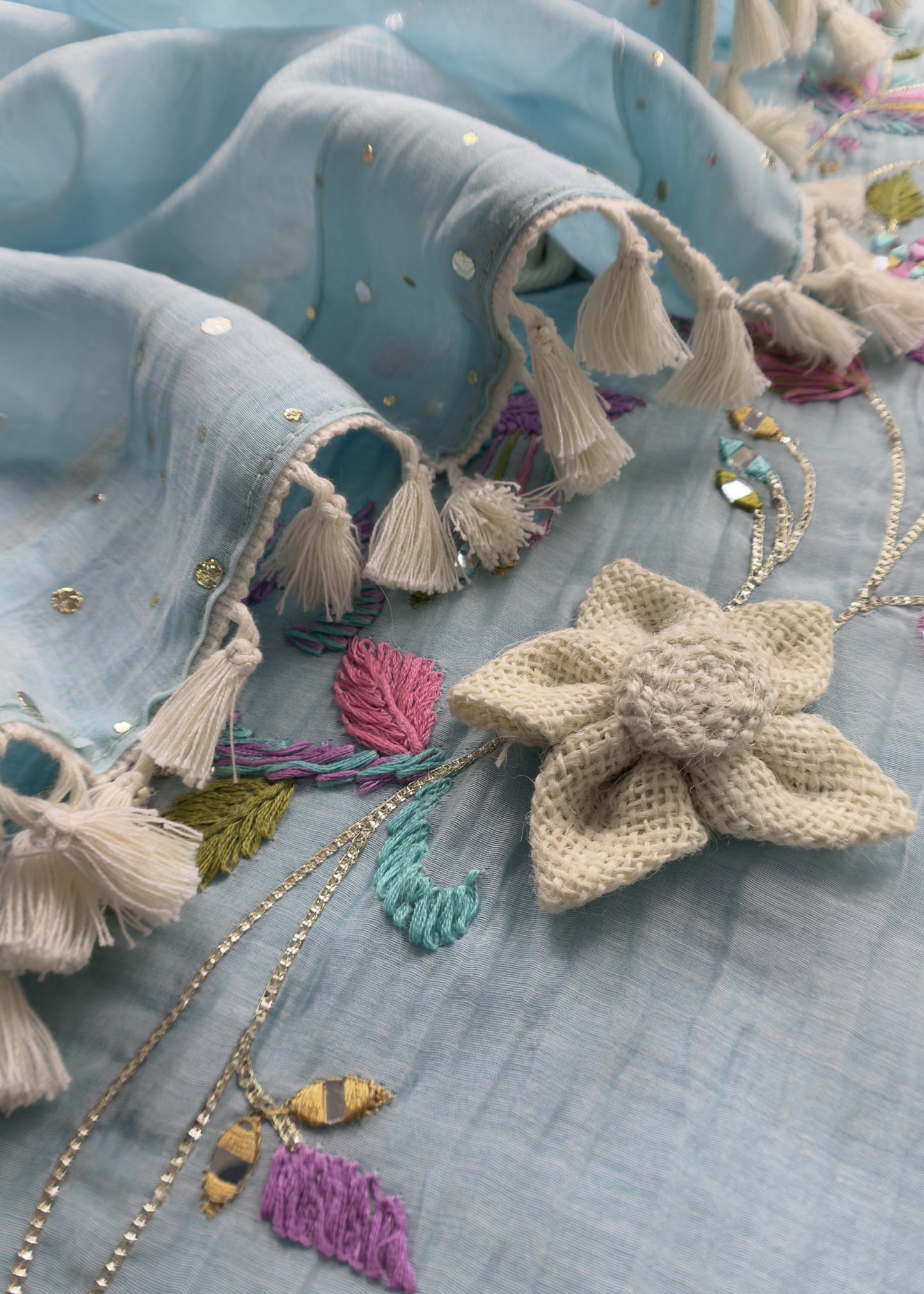 Baby Blue Designer Summers Pure Mul Suit With Crochet, Mirrors, Pitta Work And Hand Embroidery