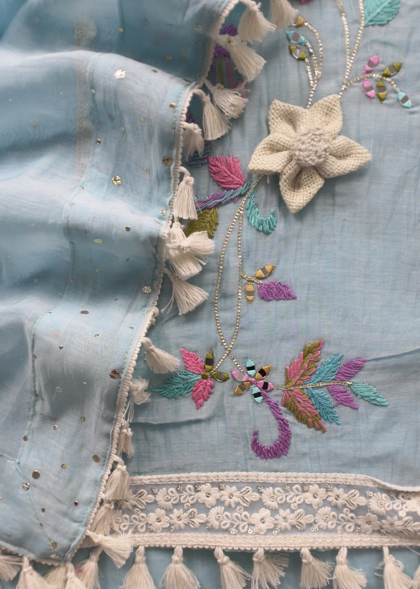 Baby Blue Designer Summers Pure Mul Suit With Crochet, Mirrors, Pitta Work And Hand Embroidery