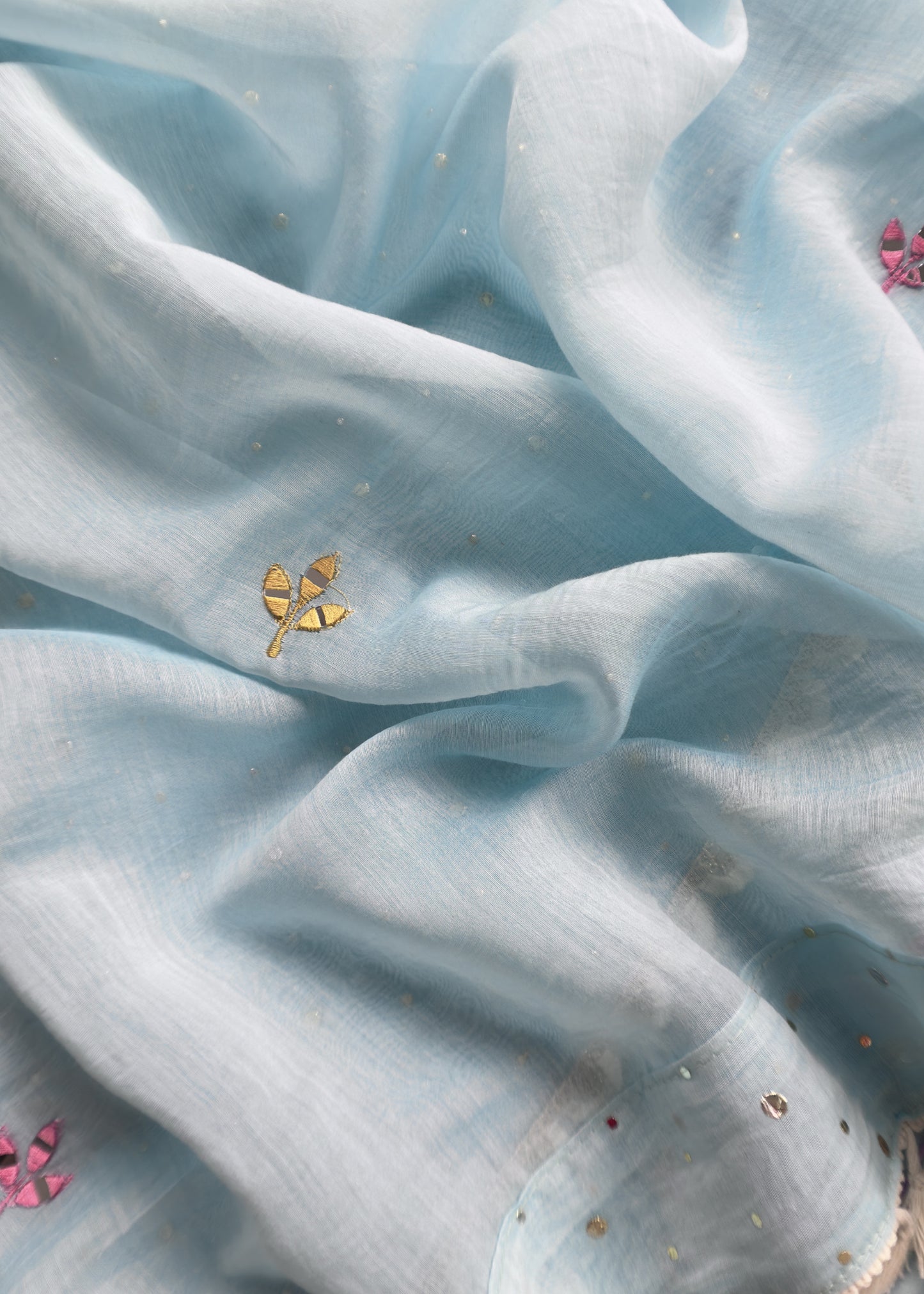 Baby Blue Designer Summers Pure Mul Suit With Crochet, Mirrors, Pitta Work And Hand Embroidery