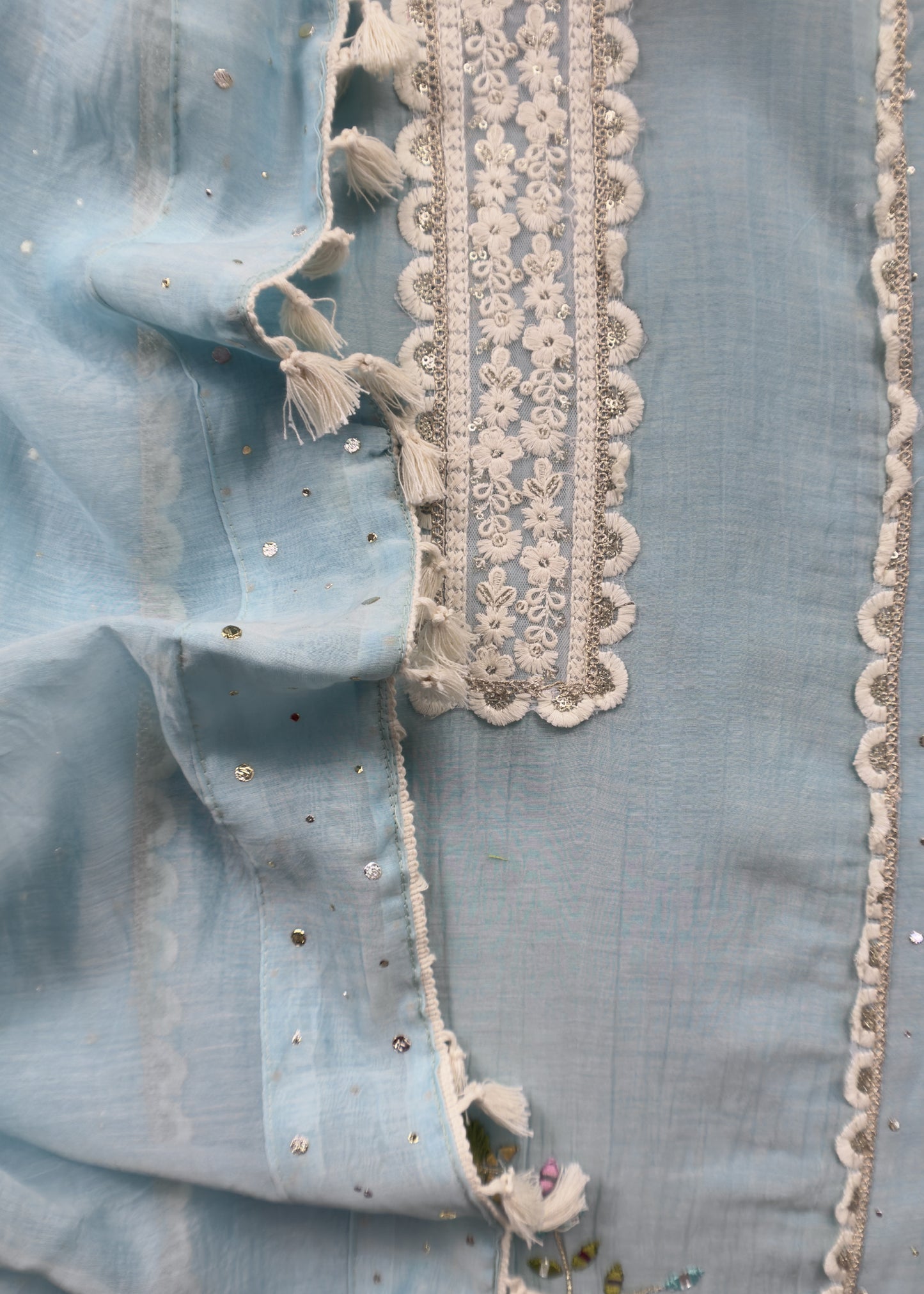 Baby Blue Designer Summers Pure Mul Suit With Crochet, Mirrors, Pitta Work And Hand Embroidery