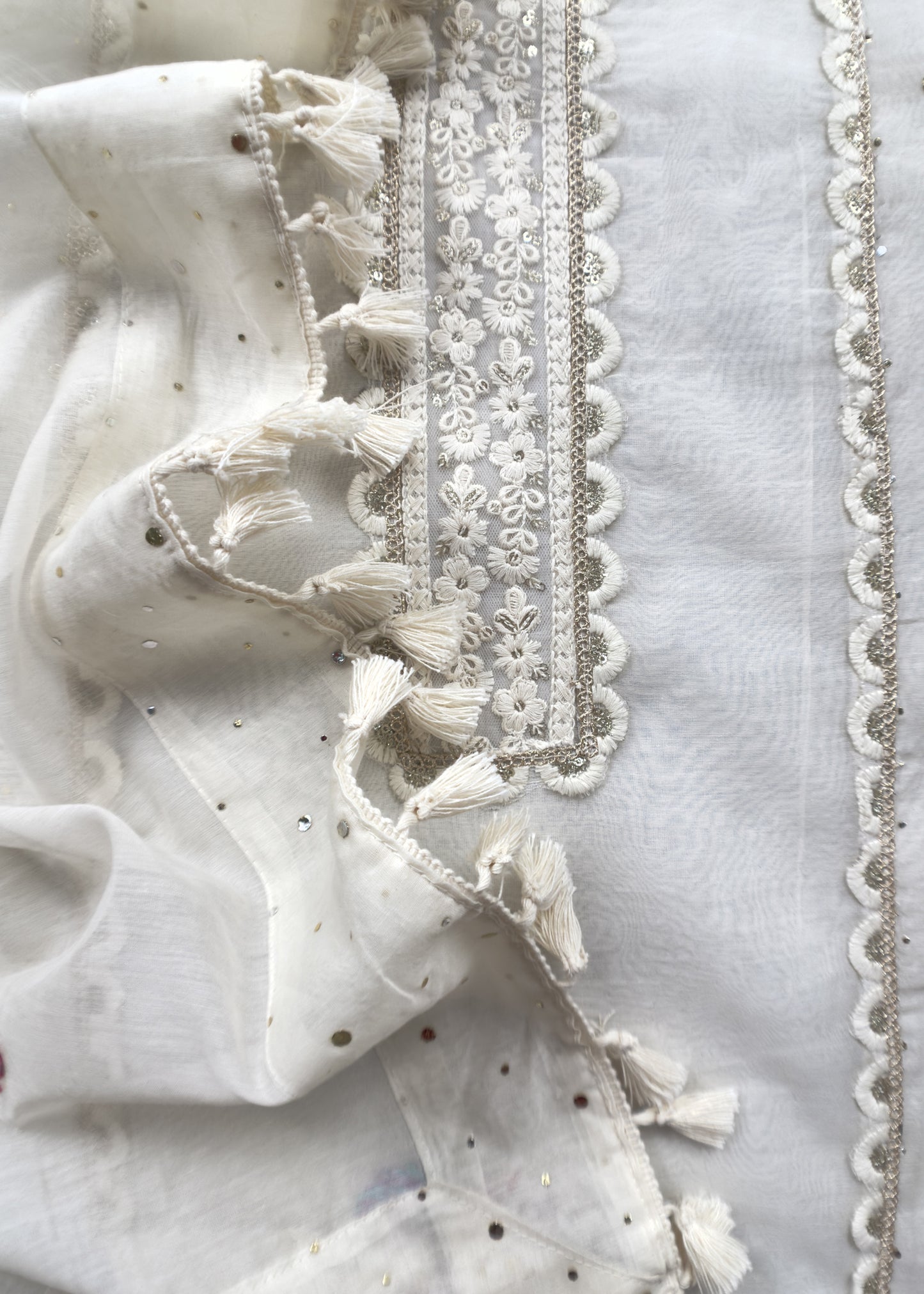 Off White Designer Summers Pure Mul Suit With Crochet, Mirrors, Pitta Work And Hand Embroidery