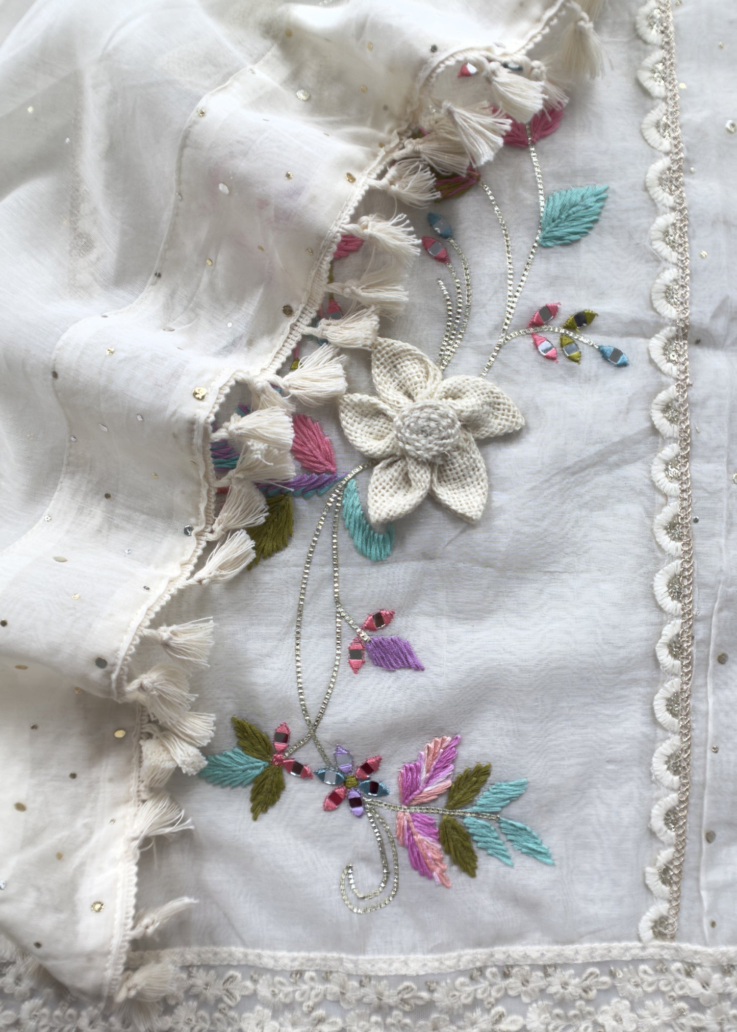 Off White Designer Summers Pure Mul Suit With Crochet, Mirrors, Pitta Work And Hand Embroidery