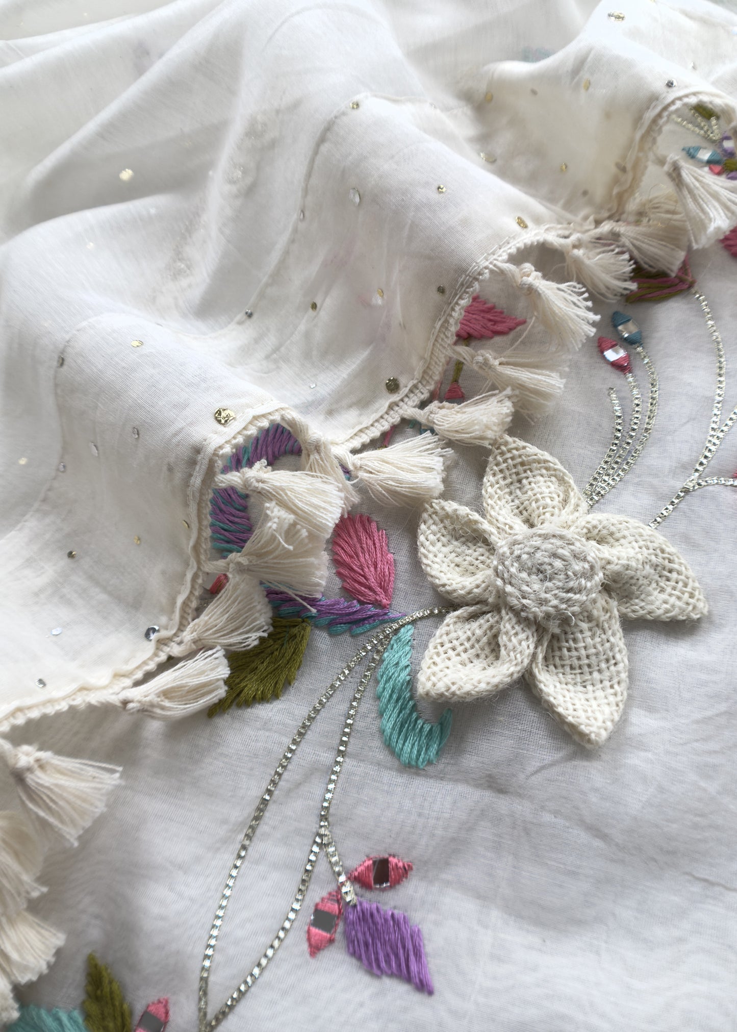 Off White Designer Summers Pure Mul Suit With Crochet, Mirrors, Pitta Work And Hand Embroidery