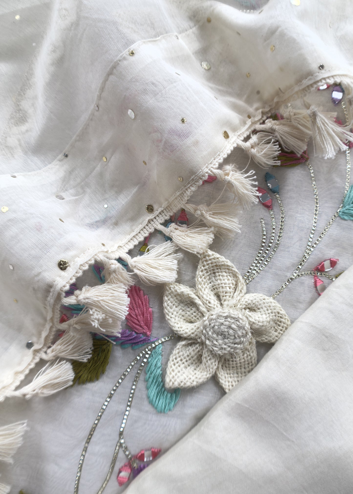 Off White Designer Summers Pure Mul Suit With Crochet, Mirrors, Pitta Work And Hand Embroidery
