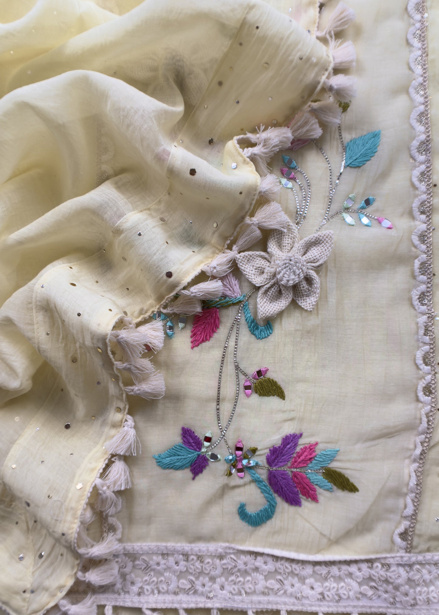 Light Yellow Designer Summers Pure Mul Suit With Crochet, Mirrors, Pitta Work And Hand Embroidery