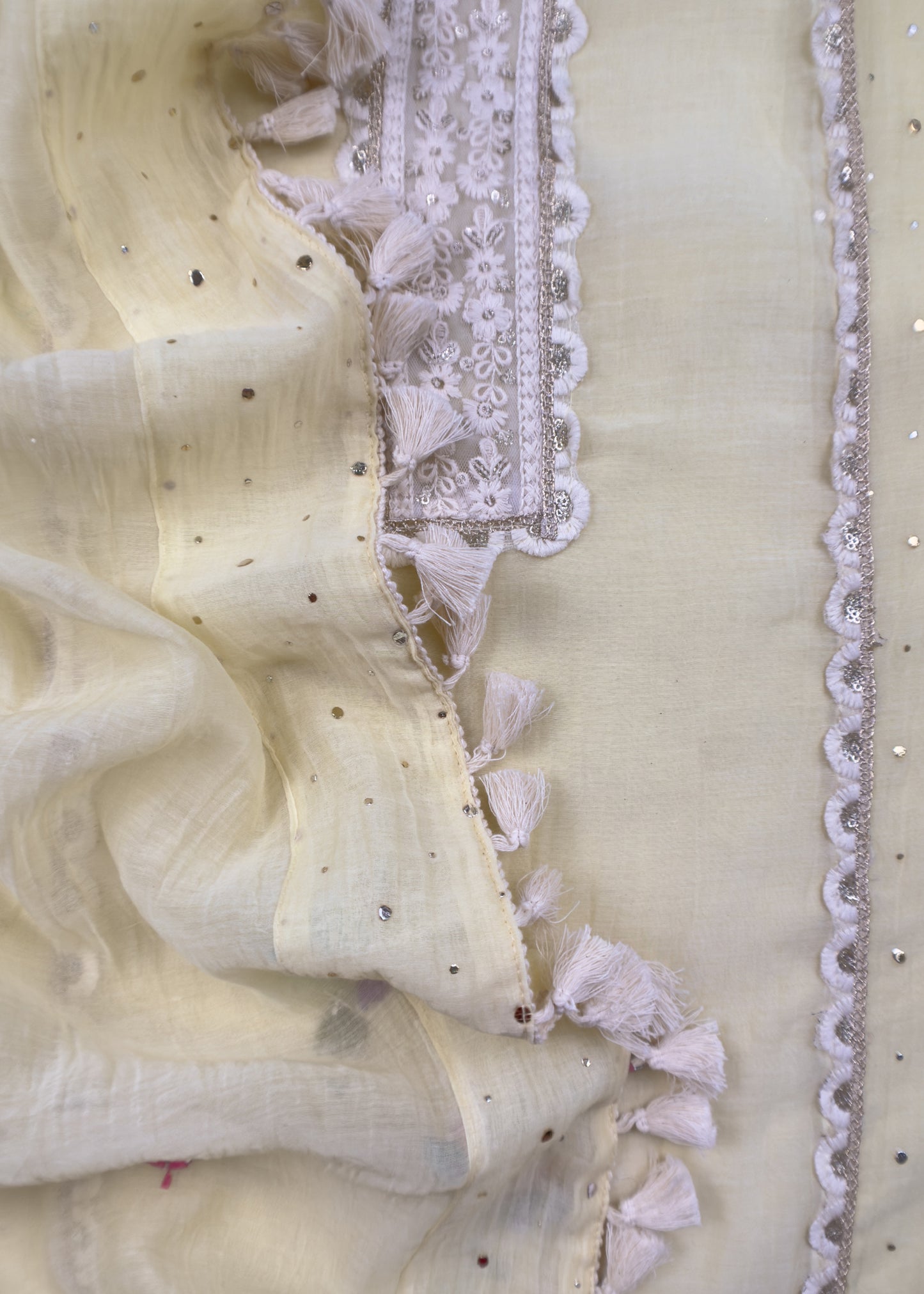 Light Yellow Designer Summers Pure Mul Suit With Crochet, Mirrors, Pitta Work And Hand Embroidery