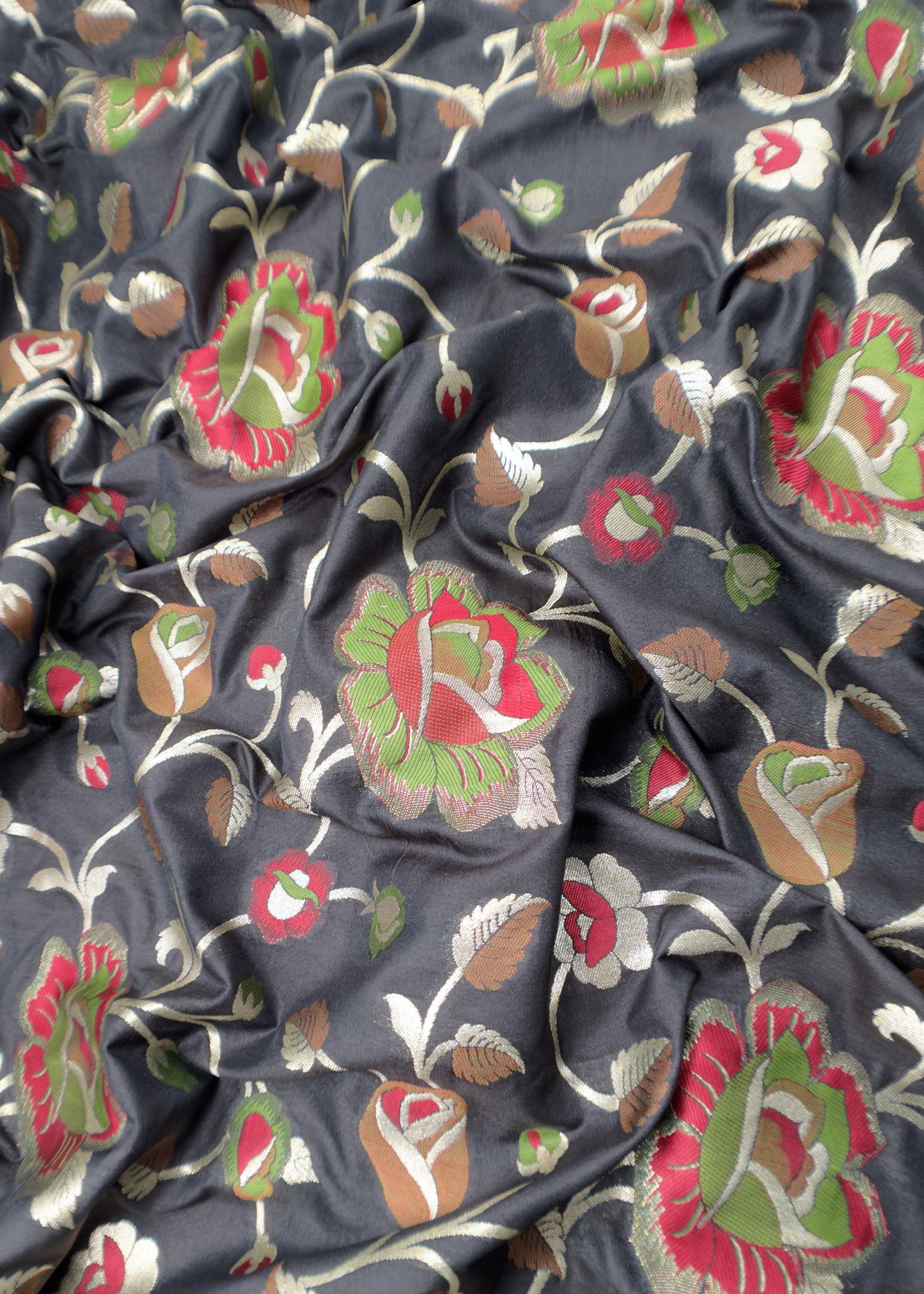 Black Handloom Phool-Patti Weaving Suit In Katan Silk