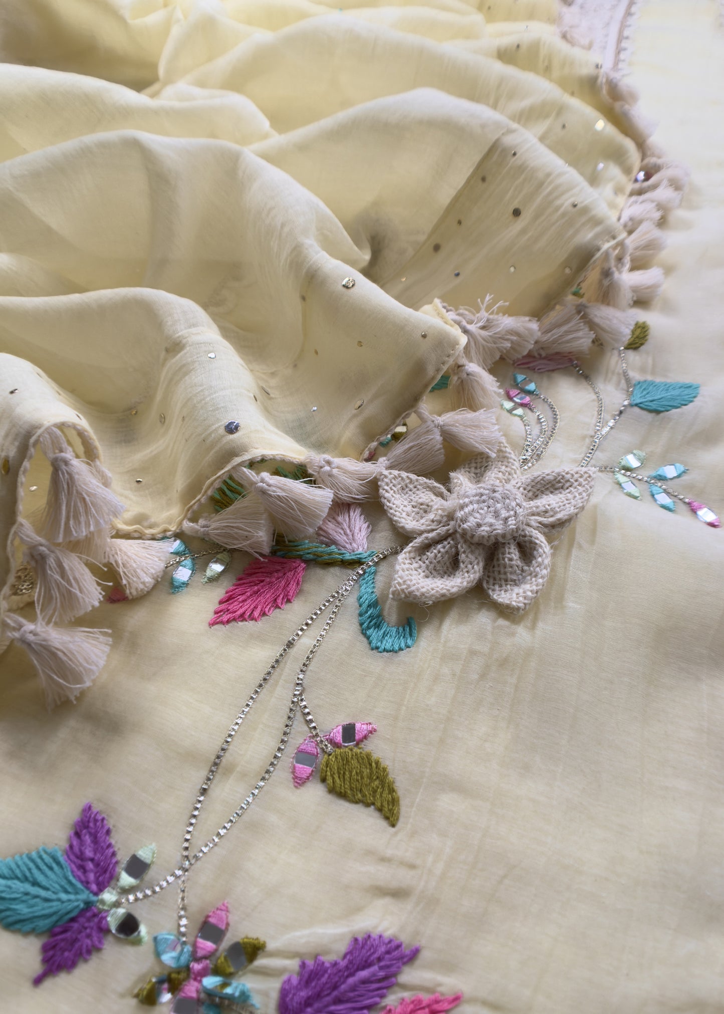 Light Yellow Designer Summers Pure Mul Suit With Crochet, Mirrors, Pitta Work And Hand Embroidery