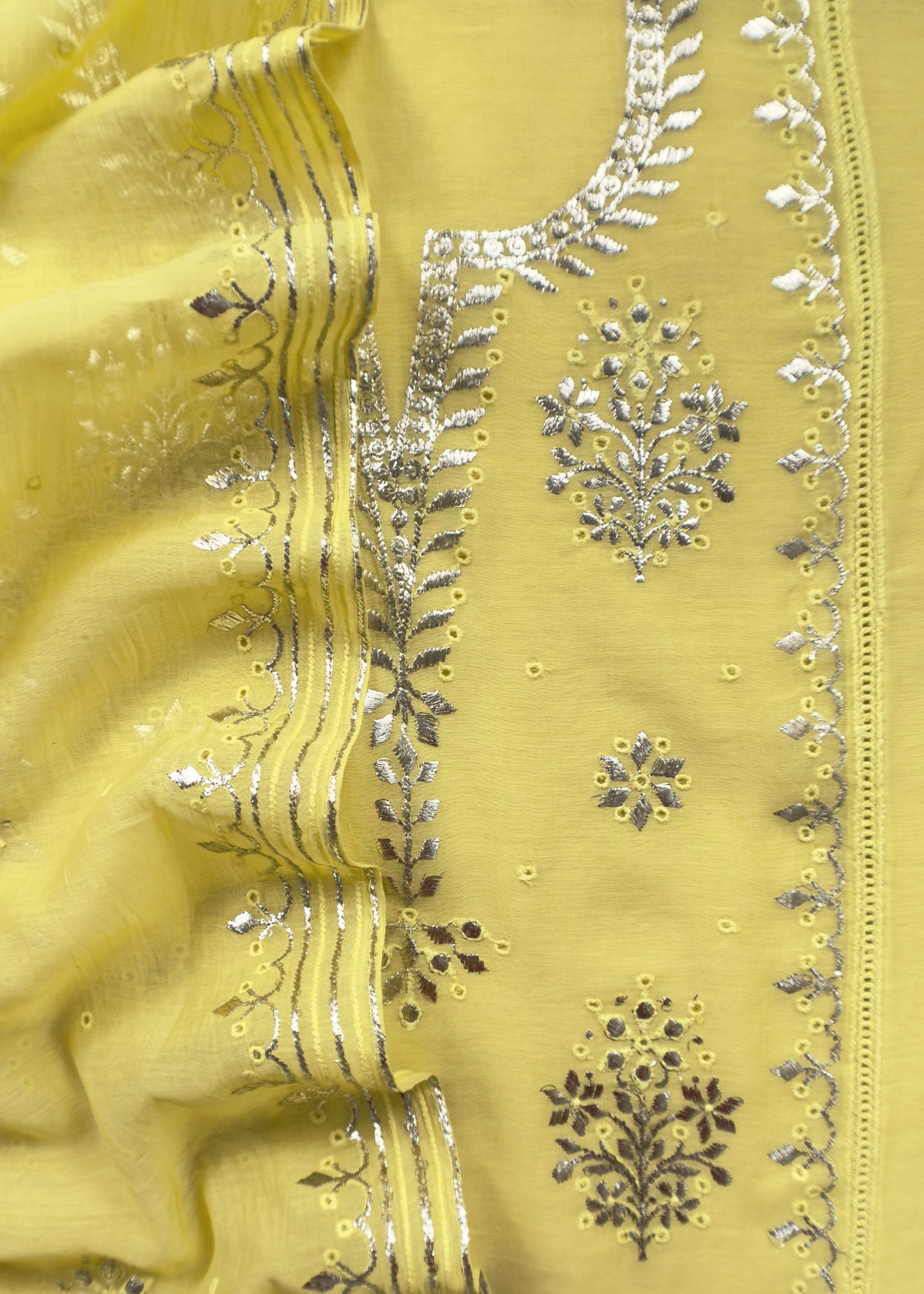 Sunshine Yellow Handloom Mul Chanderi Suit With Gold Pitta Hand Work And Embroidery