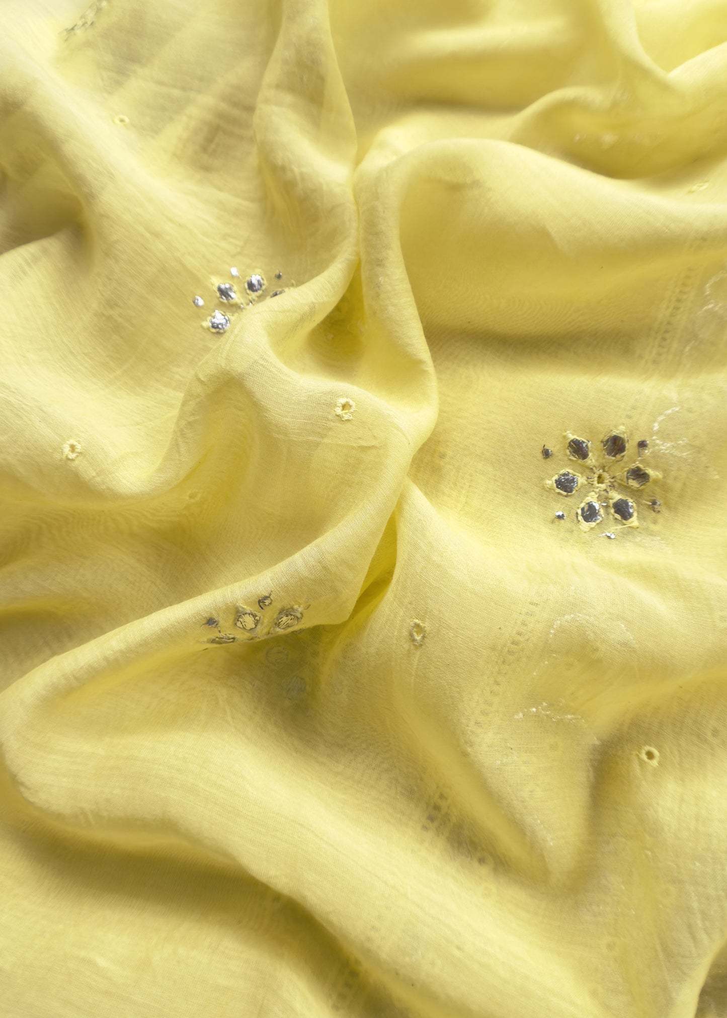 Sunshine Yellow Handloom Mul Chanderi Suit With Gold Pitta Hand Work And Embroidery