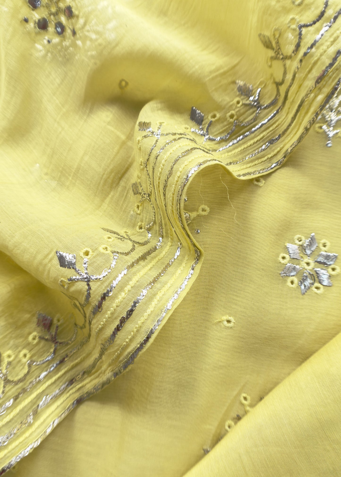 Sunshine Yellow Handloom Mul Chanderi Suit With Gold Pitta Hand Work And Embroidery