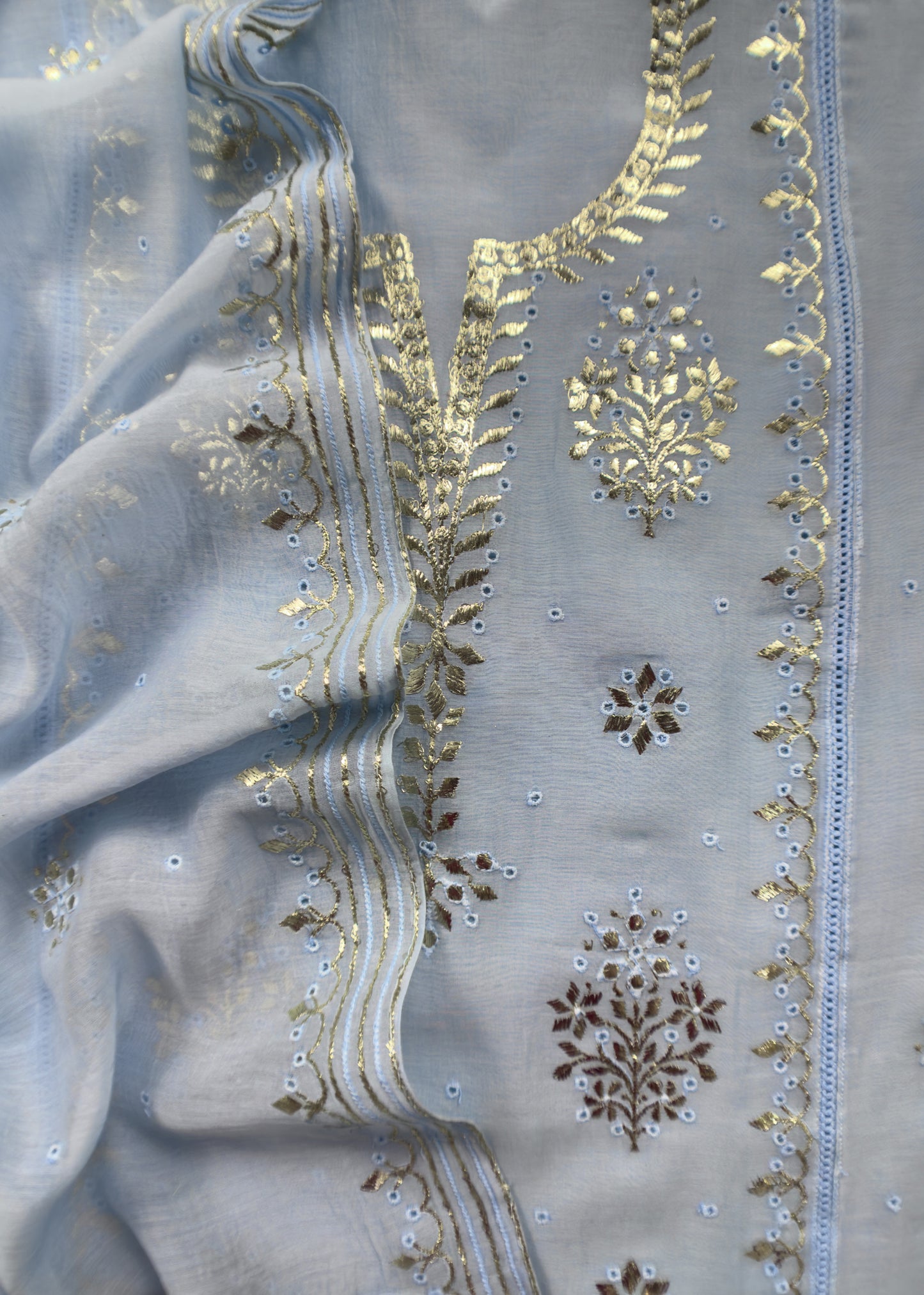 Powder Blue Handloom Mul Chanderi Suit With Gold Pitta Hand Work And Embroidery