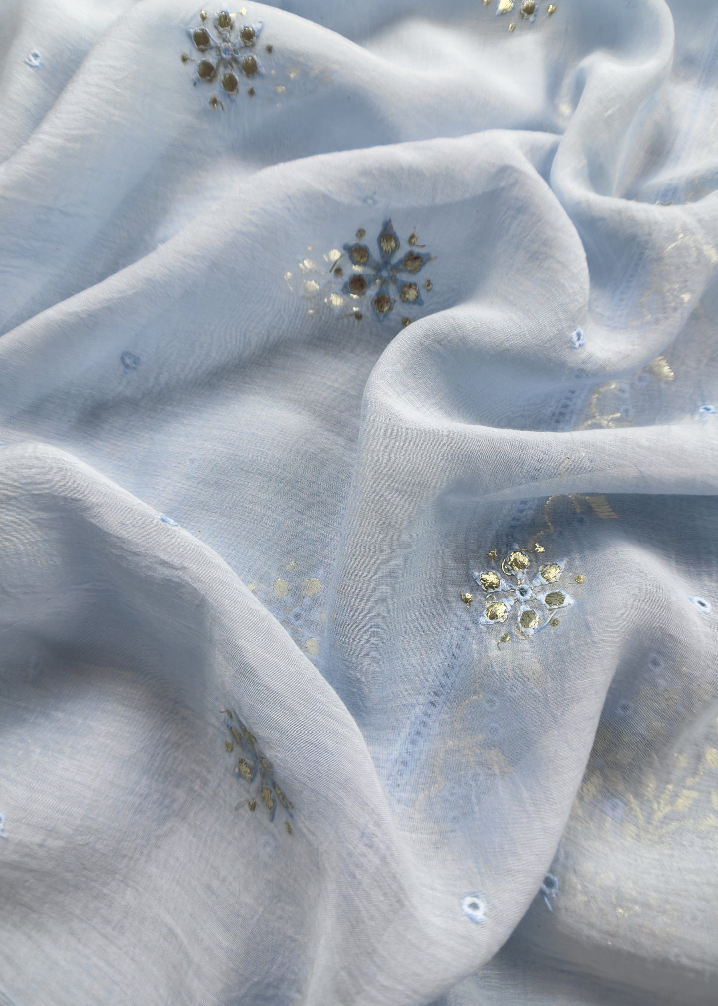 Powder Blue Handloom Mul Chanderi Suit With Gold Pitta Hand Work And Embroidery